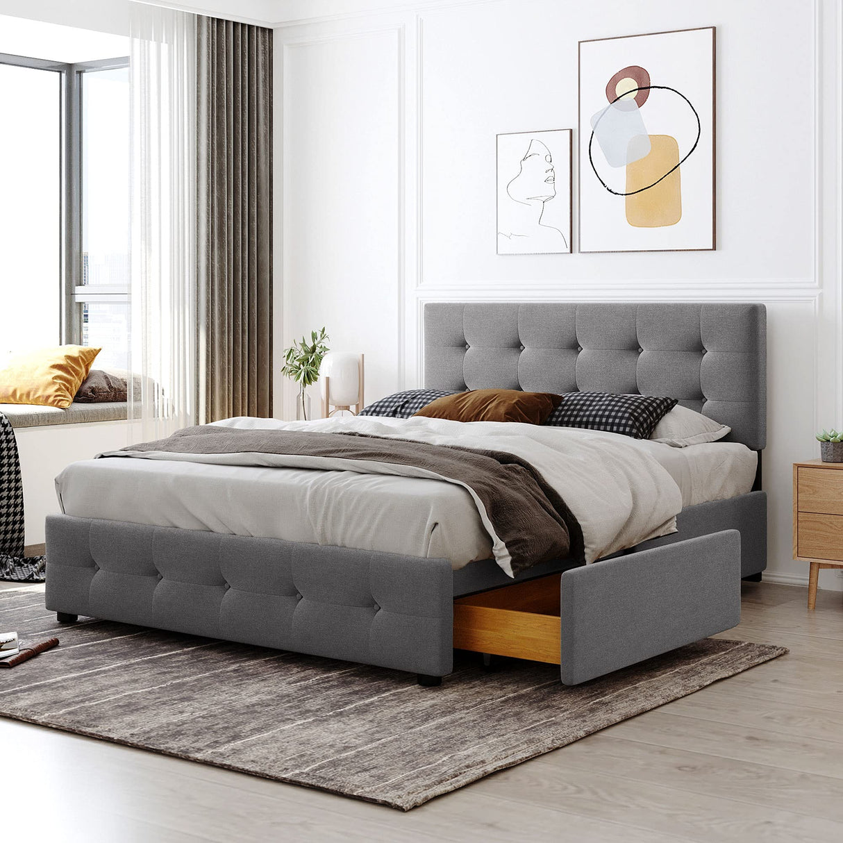 Queen Upholstered Platform Bed Frame with Classic Headboard and 4 Drawers, No Box