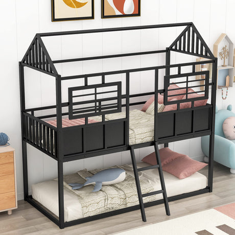 Twin Over Twin Size Metal Low Bunk House Bed with Roof, Two Front Windows