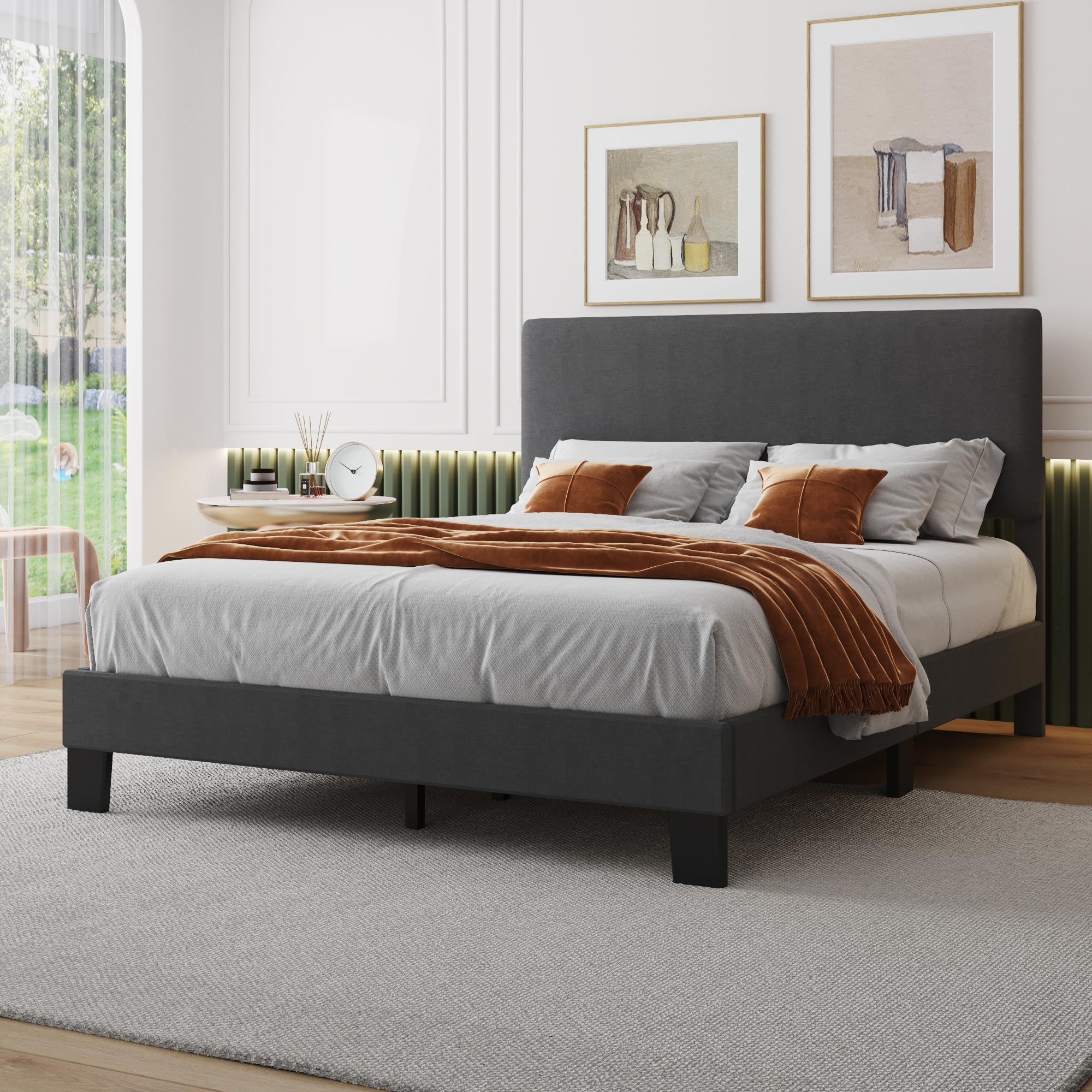 Queen Bed Frame with Headboard,Linen Upholstered Bed Frame with Wood Slats Suppor