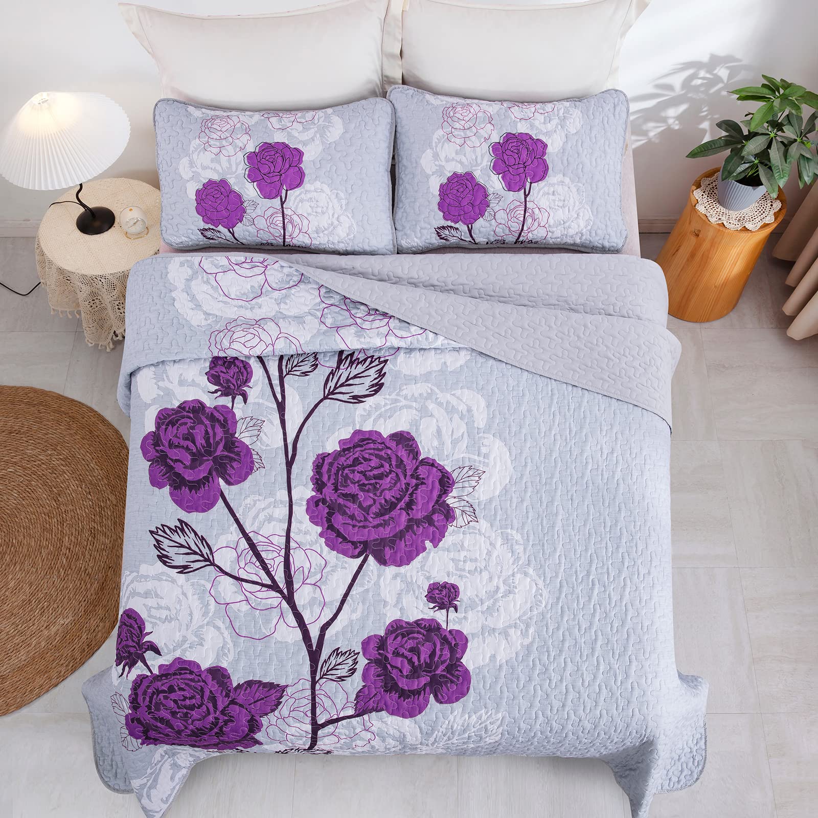 Purple Quilt Set Queen Size,Elegant Purple Floral Printed Bedspread Coverlet