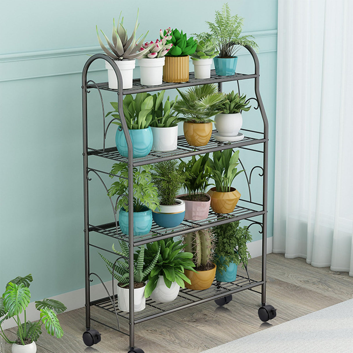 ECOESPTI Plant Stand, 4 Tier Moveable Plant Shelf for Indoor Outdoor, Silver Gray Heavy Duty Metal Multiple Plant Rack Holder for Garden Balcony Living Room