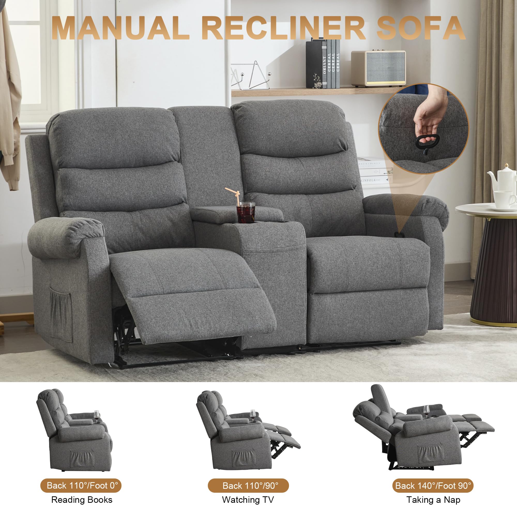 Manual Loveseat Recliner Sofa, Home Theater Seating with Console
