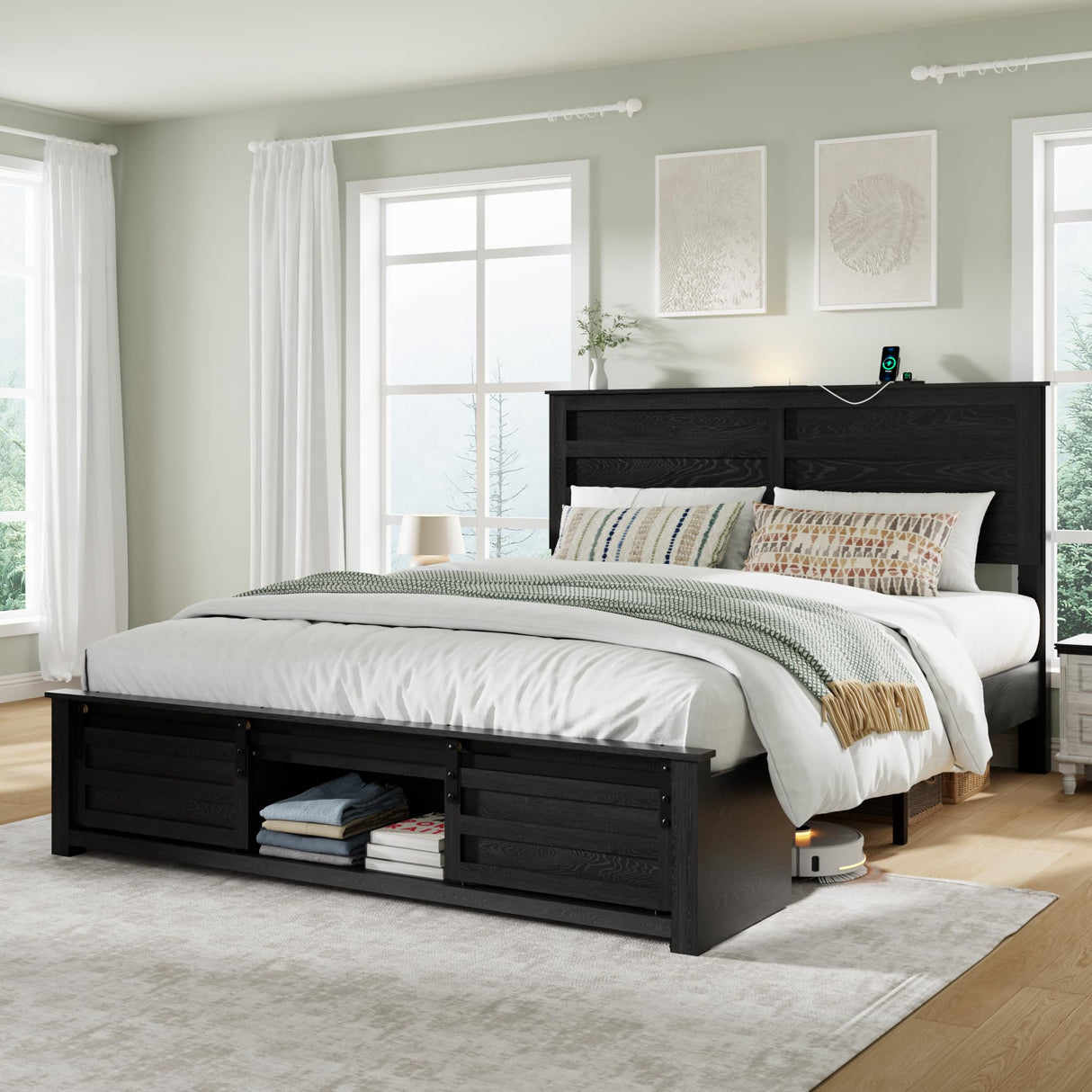Queen Bed Frame with Wood Headboard & Charging Station