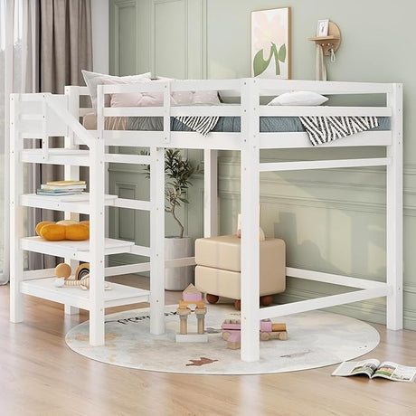 Full Loft Bed, Loft Bed Full Size with Storage Staircase and Wardrobe for Clothes, Wooden