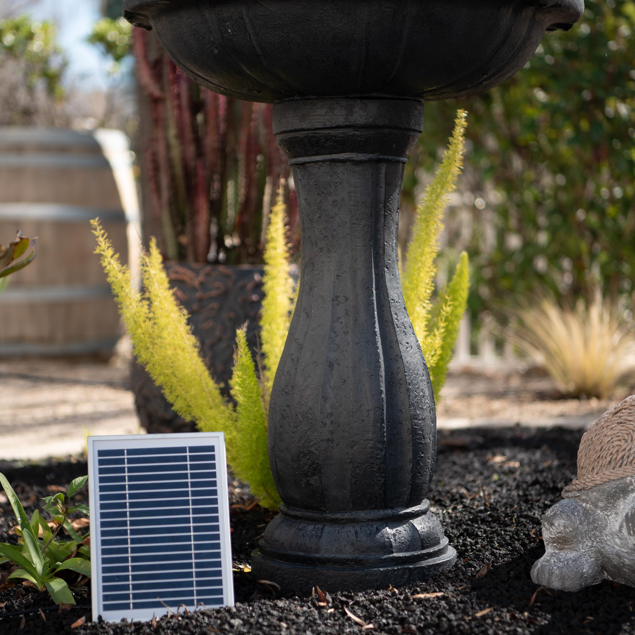 44" Tall Black Fiberglass/Resin 2-Tiered Solar Water Fountain w/Solar Panel and Auto-Shut