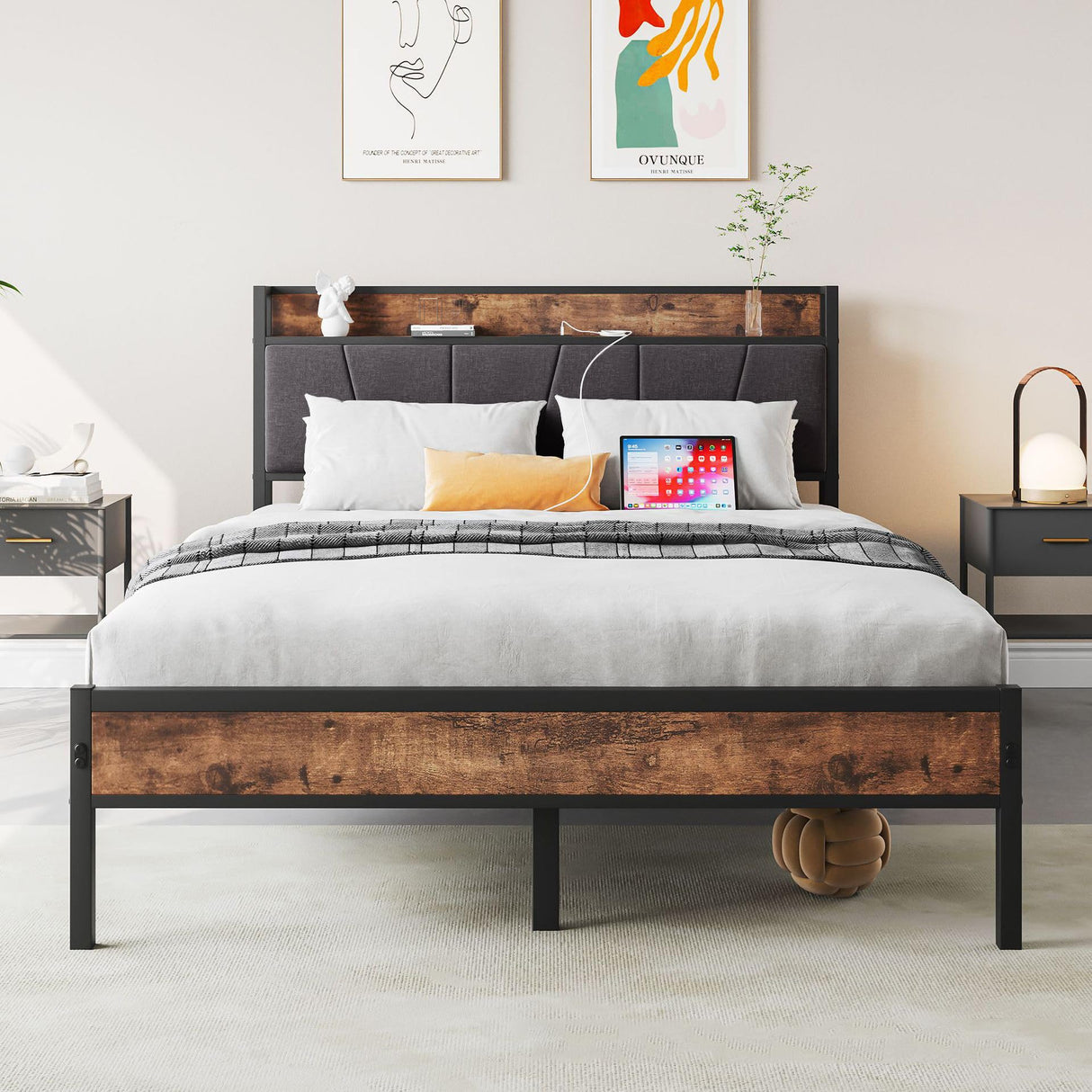 Headboard with Charging Station, Noise Free, Solid and Stable, No Box Spring Needed,