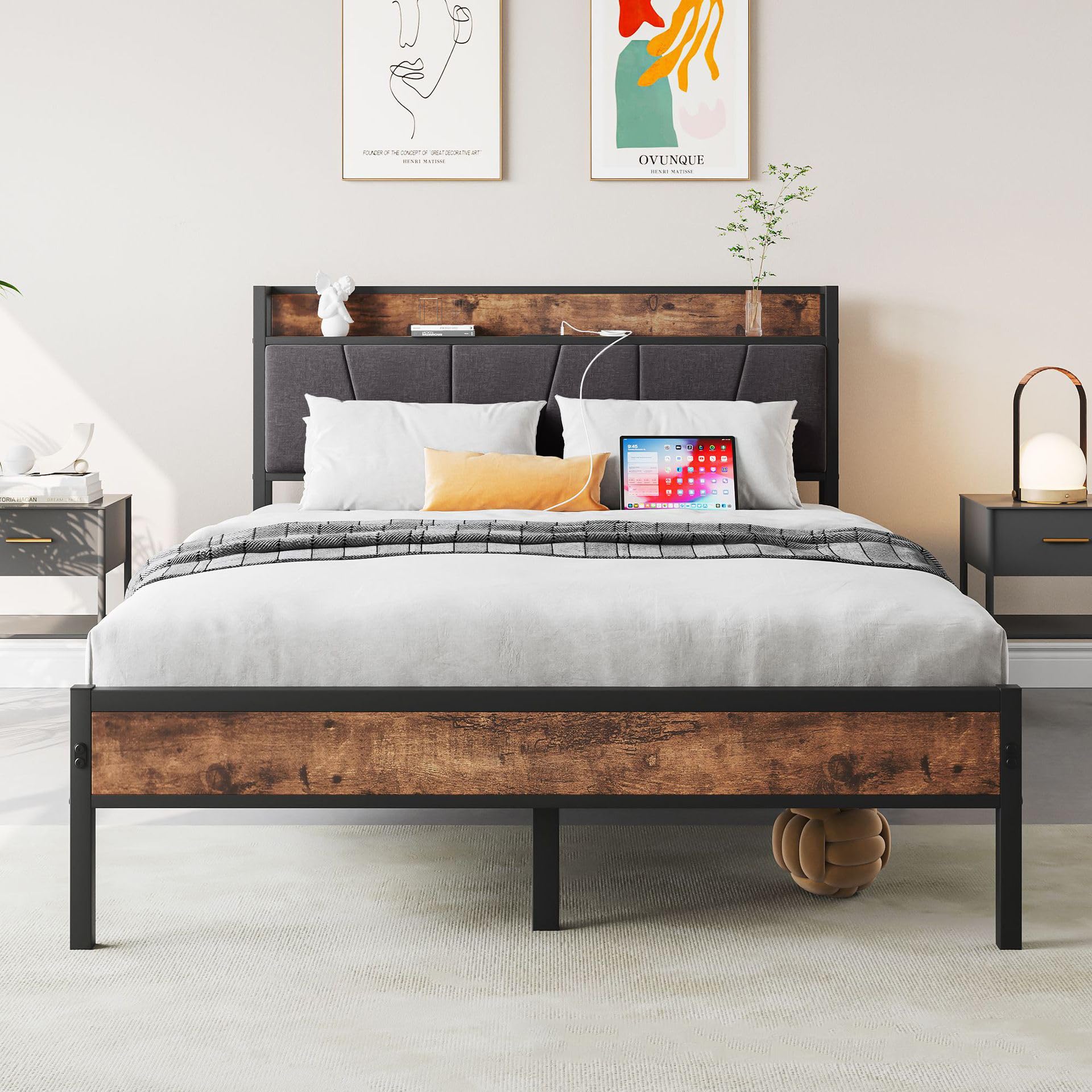 Headboard with Charging Station, Noise Free, Solid and Stable, No Box Spring Needed,