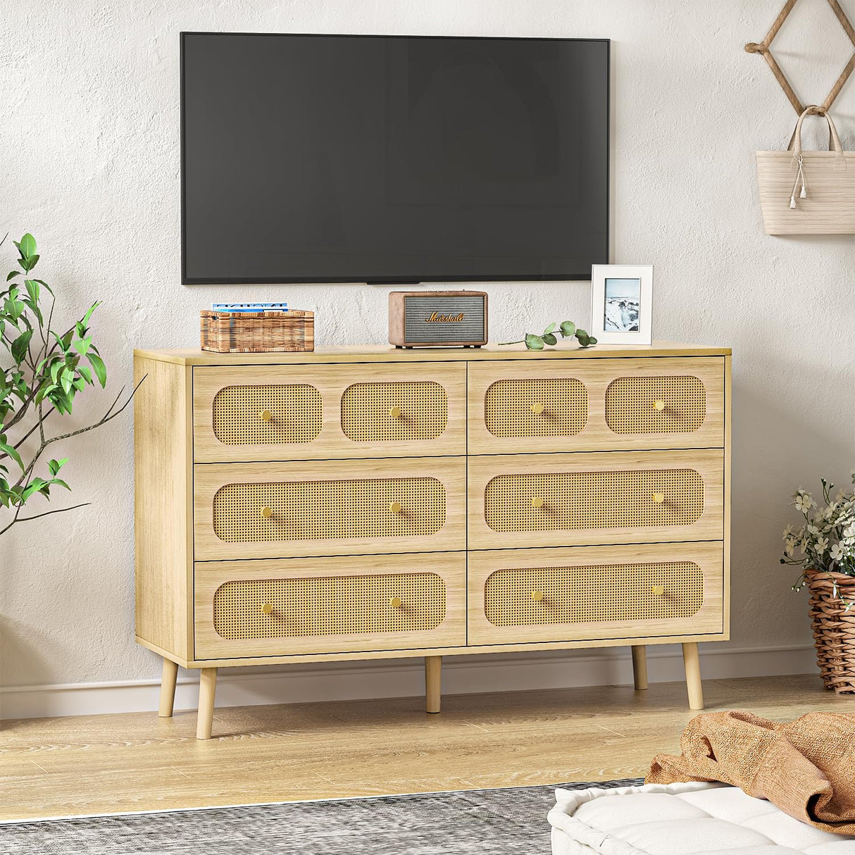 Rattan Dresser for Bedroom, Modern 6 Drawer Double Dresser with Gold Handles