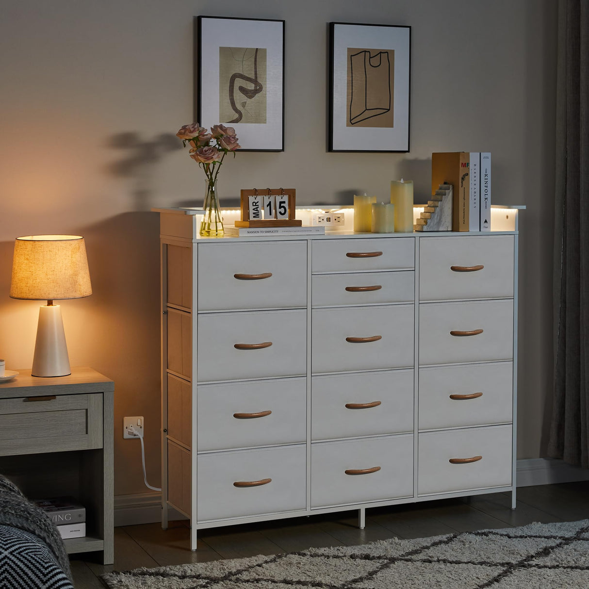 White Dresser with LED Light for Bedroom, Dresser for Bedroom 13 Drawers with Charging