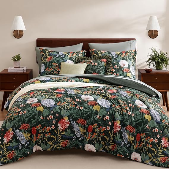 Queen Comforter Set - 7 Piece Blue Tropical Leaves Bedding Collection