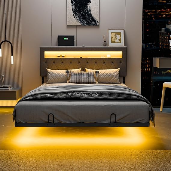 Queen Floating Bed Frame with Charging Station & RGB LED Lights