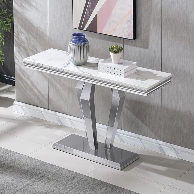 47 inch White Marble Coffee Table with Mirrored Stainless Steel Metal Legs