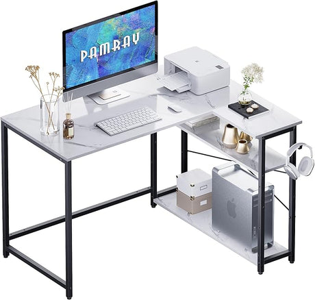 3 Inch L Shaped Computer Desk with Reversible Side Storage Shelves, Small Corner Desk for Small Space Home Office,Writing Study Table PC Desk for Bedroom,White