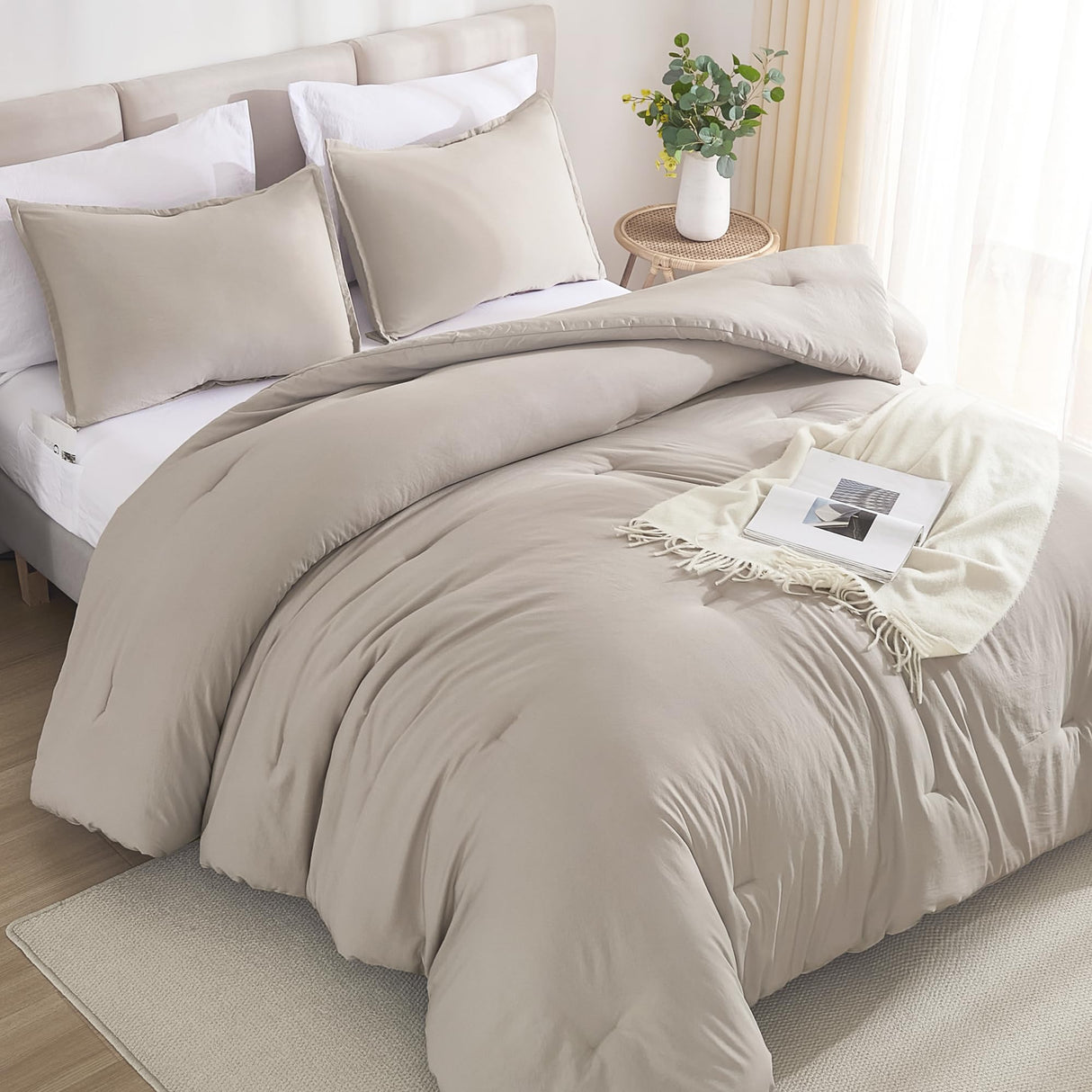 Queen Comforter Set - 7 Pieces Bed in a Bag Queen Bedding Comforter Sets Oatmeal,