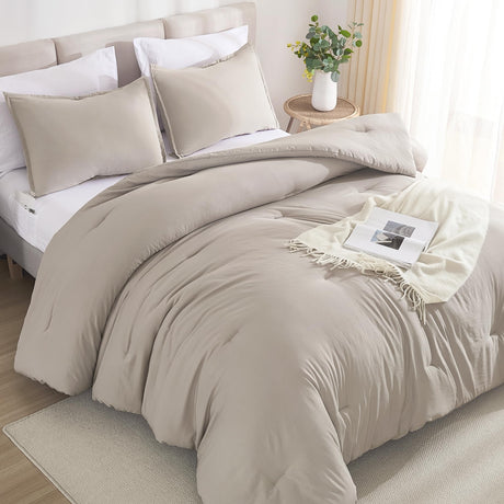 Queen Comforter Set - 7 Pieces Bed in a Bag Queen Bedding Comforter Sets Oatmeal,