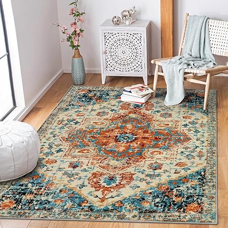 Bohemian Medallion Area Rug, 3x5 Boho Bathroom Rug, Non-Slip Distressed