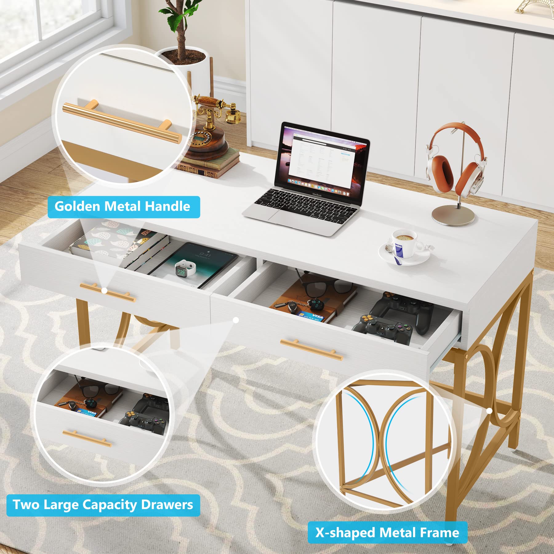 Modern Computer Desk with 2 Drawers, 41 Inches Study Writing Office Desk for Home Office