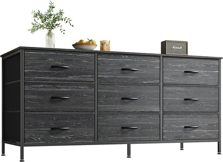 9 Drawer Dresser, 55 Inch Dresser TV Stand for 55, 60 Inch TV, Entertainment Center with Drawers, Large Storage Fabric Dresser for Bedroom, Closet, Rustic Brown