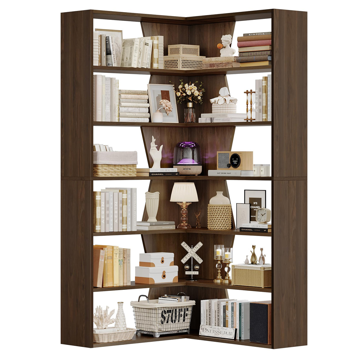 6-Tier Corner Bookshelf, Modern Bookshelf and Bookcase, Tall Bookcase Open Display
