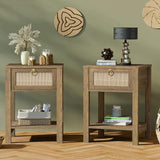 Nightstand Set of 2 - Rattan Decor Drawer with Brass Knobs Night Stand Wood Bedside