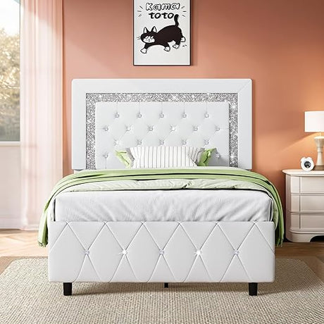 Twin Bed Frame for Girls, Cute Bed Frame Twin Size with Diamond Tufted Headboard,