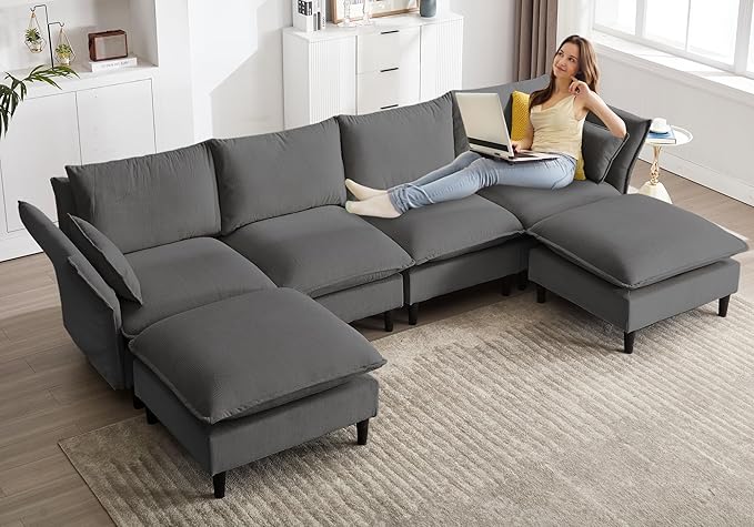 118" U-Shaped Modular Sectional Sofa, Convertible Sleeper Sofa with Ottoman