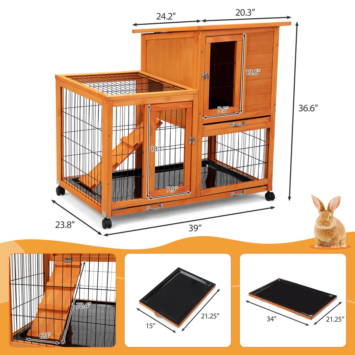 Rabbit Hutch on Wheels Large Indoor Outdoor Chicken Coop Bunny House Guinea Pig Cage