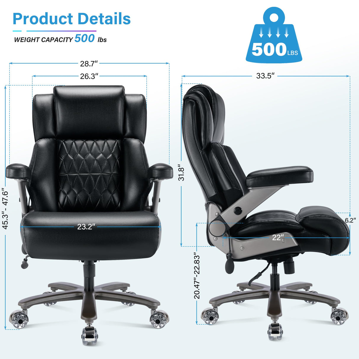 Big and Tall 500lbs Office Chair - Adjustable Lumbar Support 3D Flip Arms Heavy Duty