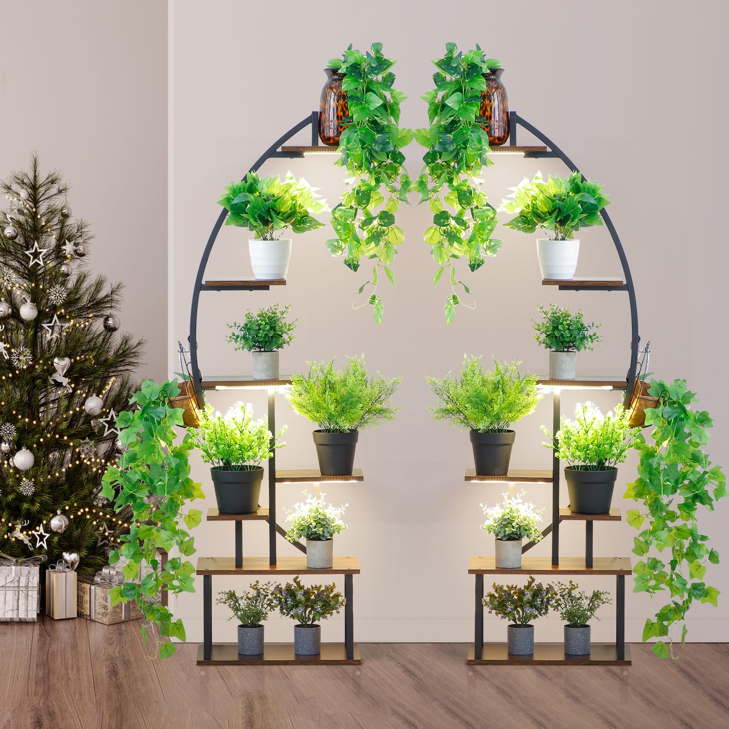 2 Pack Plant Stand Indoor with Growing Light, 7 Tier Tall Metal, Half Moon Shape Large Plant Shelf