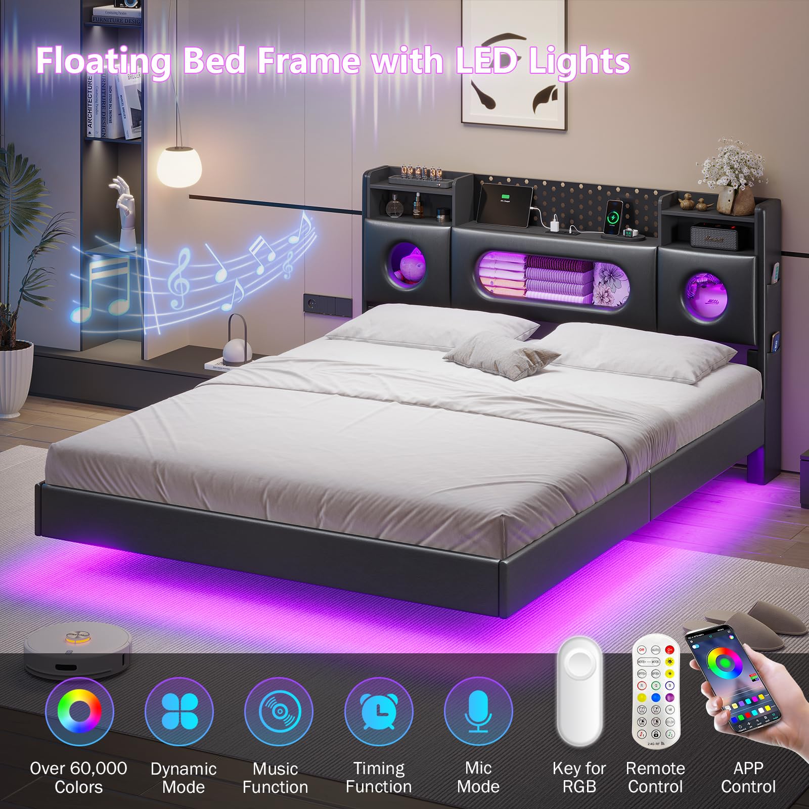 Floating Queen Bed Frame with LED Lights & Charging Station