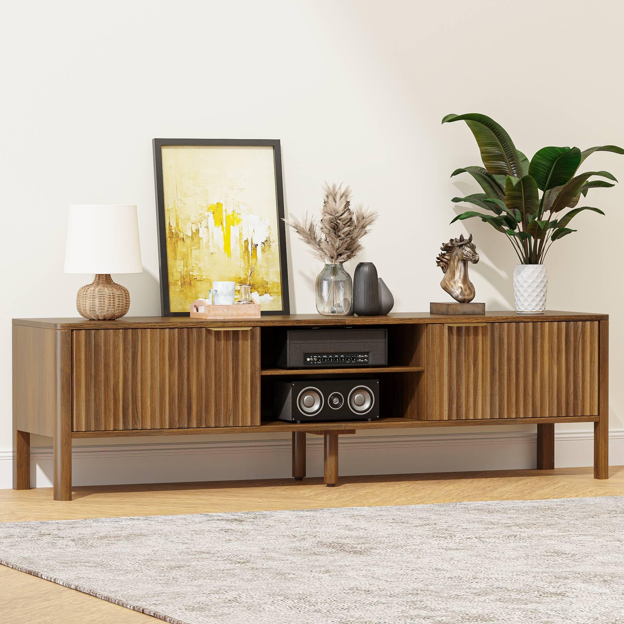 Mid Century Modern TV Stand with Fluted Door Storage