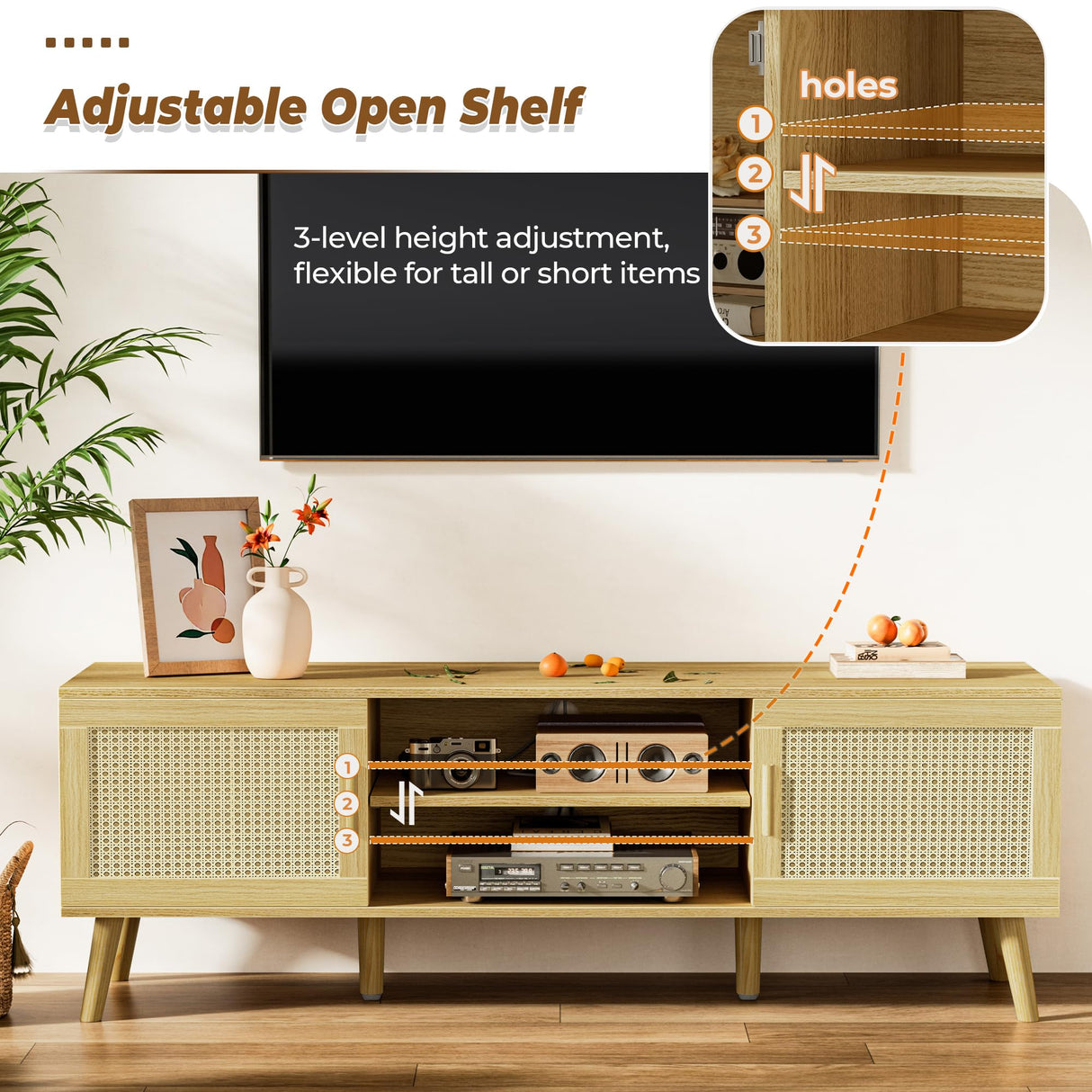 Boho TV Stand for 55 Inch TV, Entertainment Center with Adjustable Shelf, Rattan TV Console