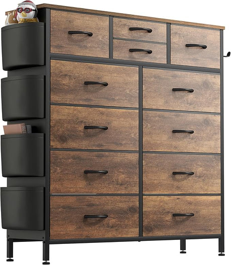 Dresser for Bedroom with 12 Drawers, Tall Dresser Chest of Drawers with Side Pockets