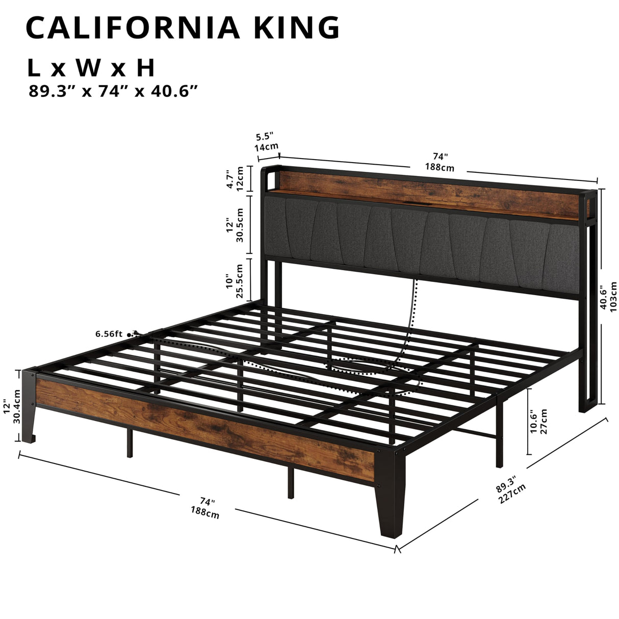 California King Bed Frames, Storage Headboard with Charging Station