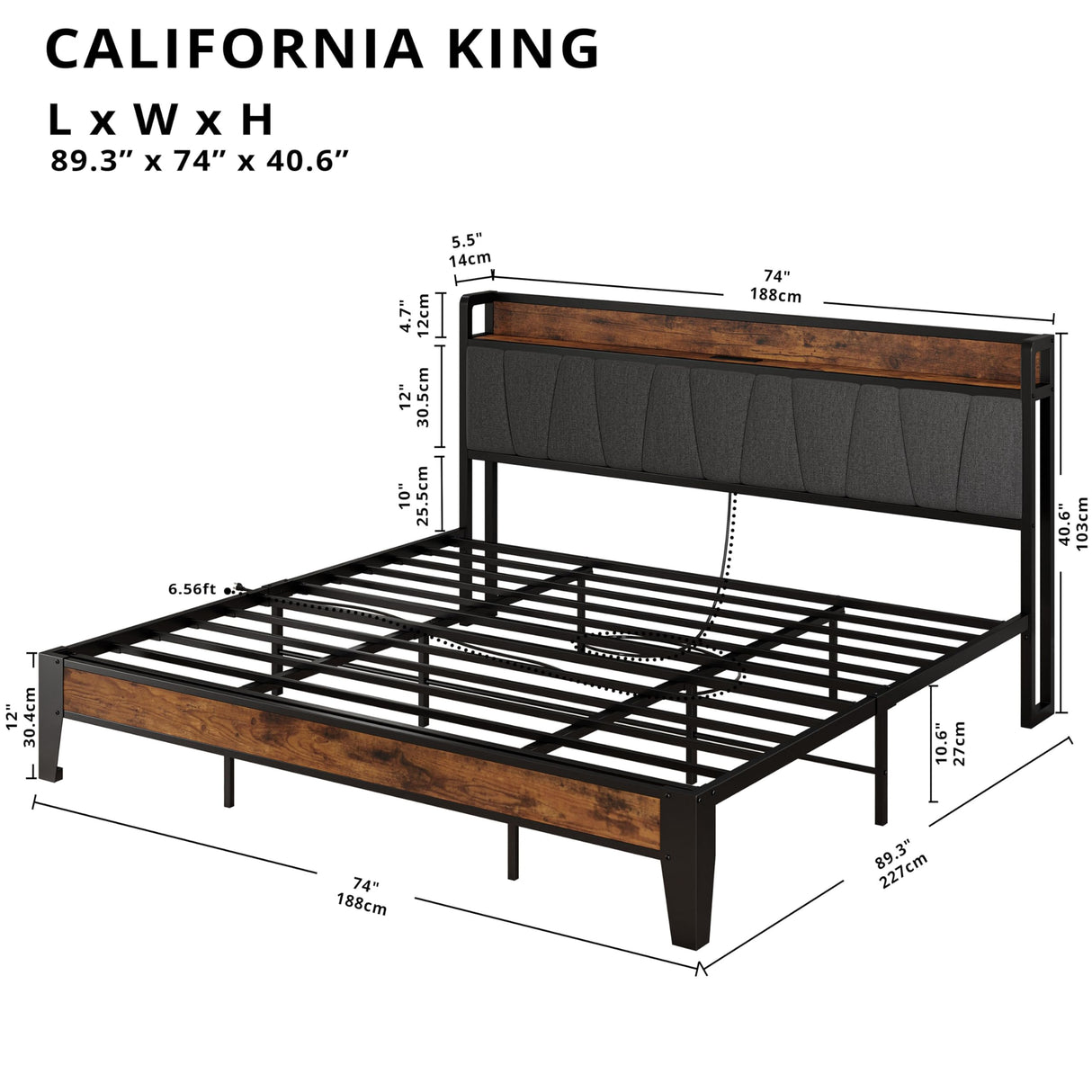 California King Bed Frames, Storage Headboard with Charging Station, Solid and Stable