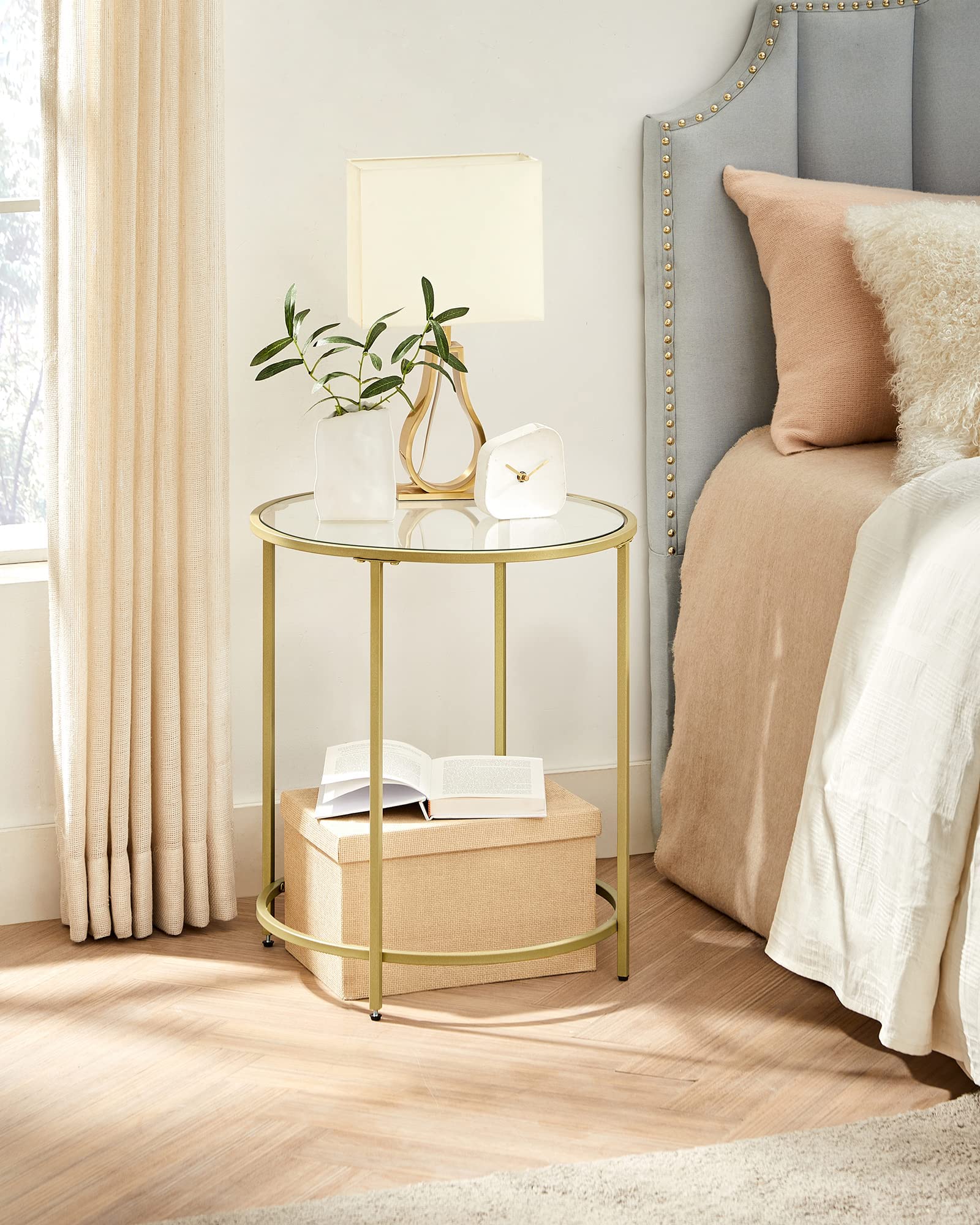 Round Side Tables, Set of 2, Glass End Tables with Metal Frame, Gold Coffee Tables