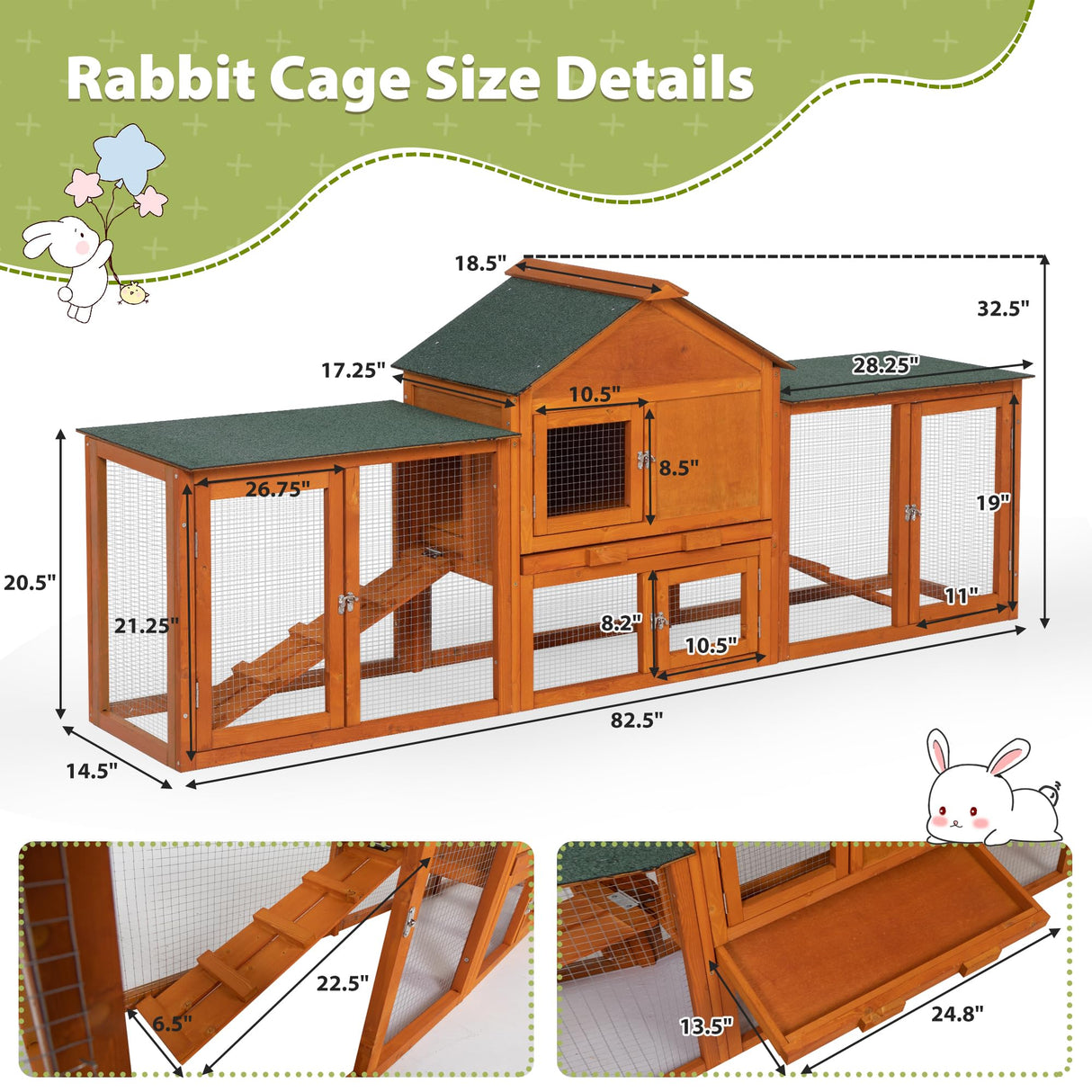 47"L Rabbit Hutch Indoor Wooden 2 Story Rabbit Large Bunny Hutch Outdoor Bunny Cage