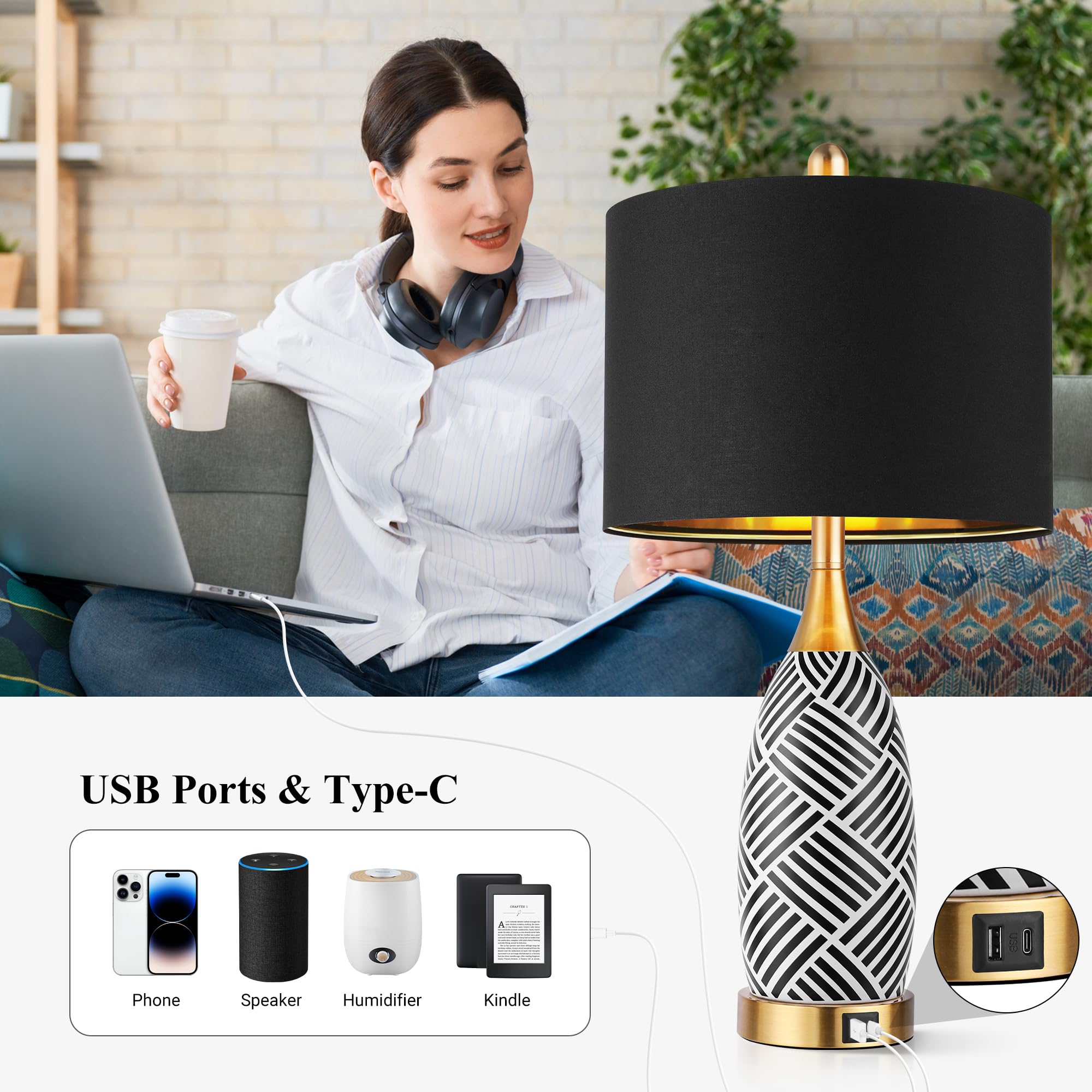25.5" Touch Control Ceramic Table Lamp with USB-C Charging