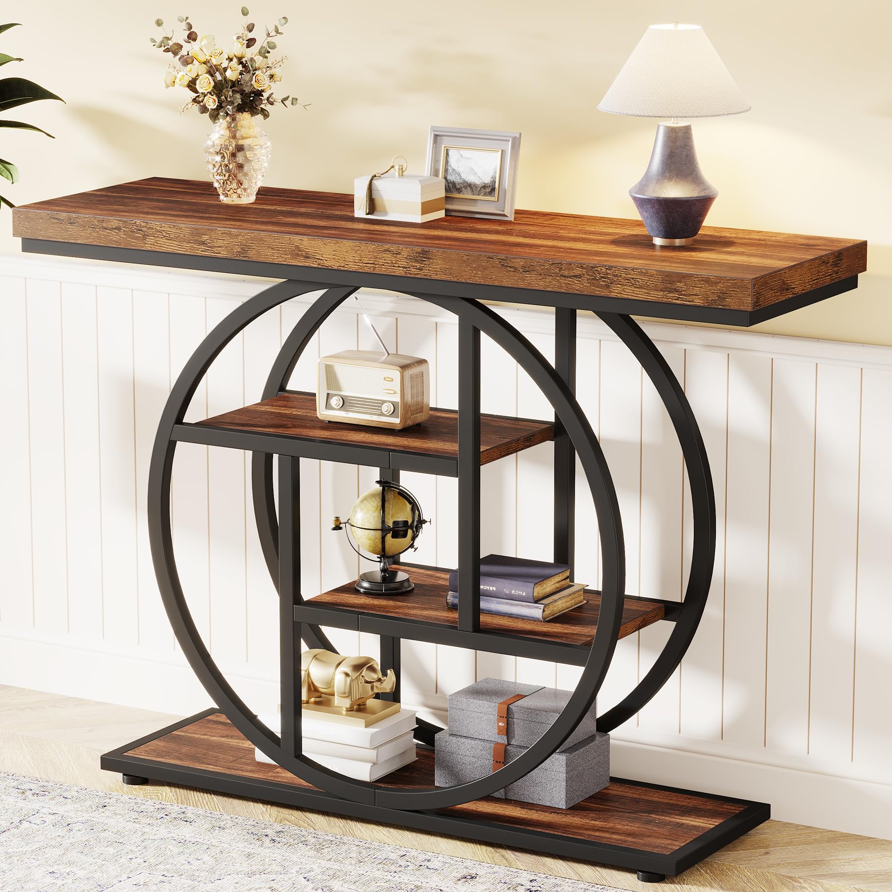 41.3" Console Table, Industrial 4-Tier Sofa Table Entryway Table with Circle Base
