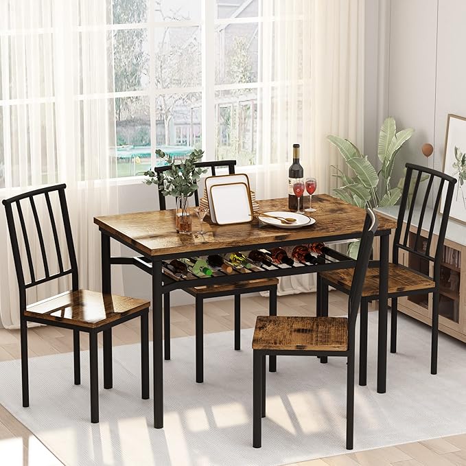 Dining Room Table Set for 4, 5-Piece Kitchen Table Chairs Set of 4, Glass Dining Table & PU Leather Chairs,