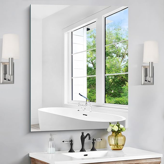 Frameless Mirror, 30x48 inch Rectangle Bathroom Mirrors for Wall, Upgraded Shatterproof Large Vanity Mirror Over Sink