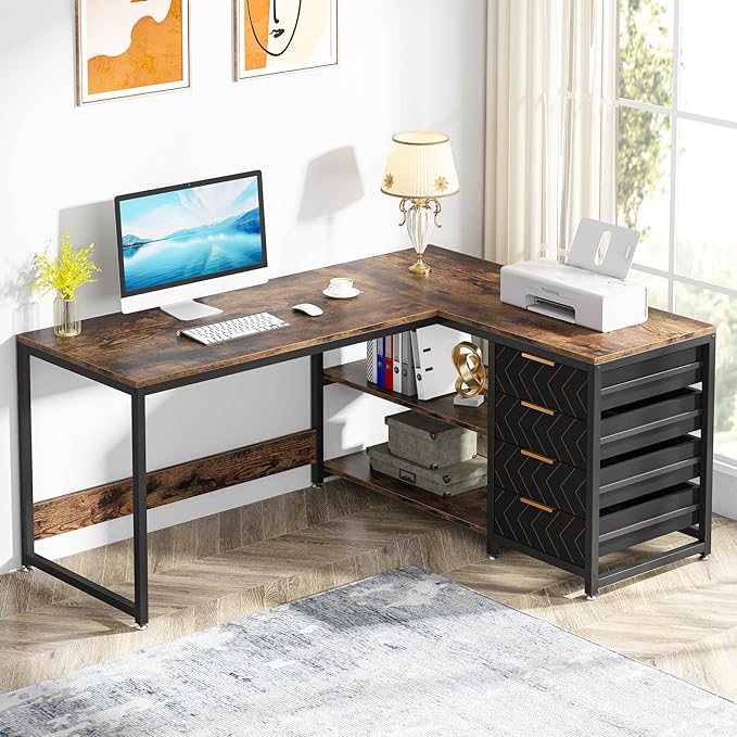 L Shaped Computer Desk with Storage Drawers, 59 inch Corner Desk with Shelves