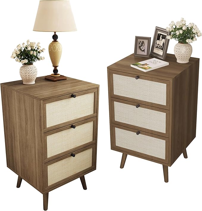 PHOYAL Rattan Nightstand Set of 2, End Table Rattan Bedside Table with Storage 3-Drawer Side Table