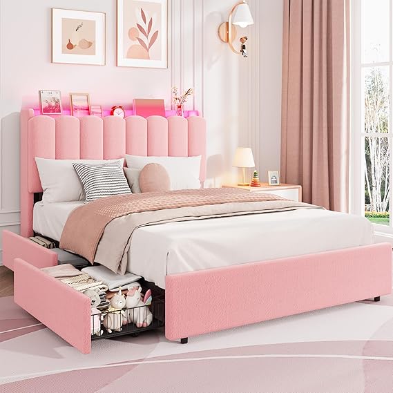 Full LED Bed Frame with Storage Drawers & Bookcase Headboard