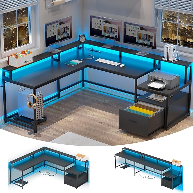 SEDETA L Shaped Desk, 66" Home Office Desk with File Drawer & Power Outlet