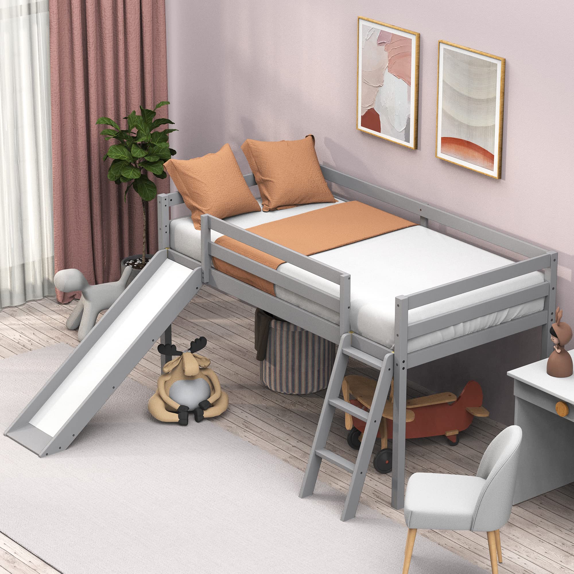 Loft Bed with Slide, Wood Twin Low Loft Bed