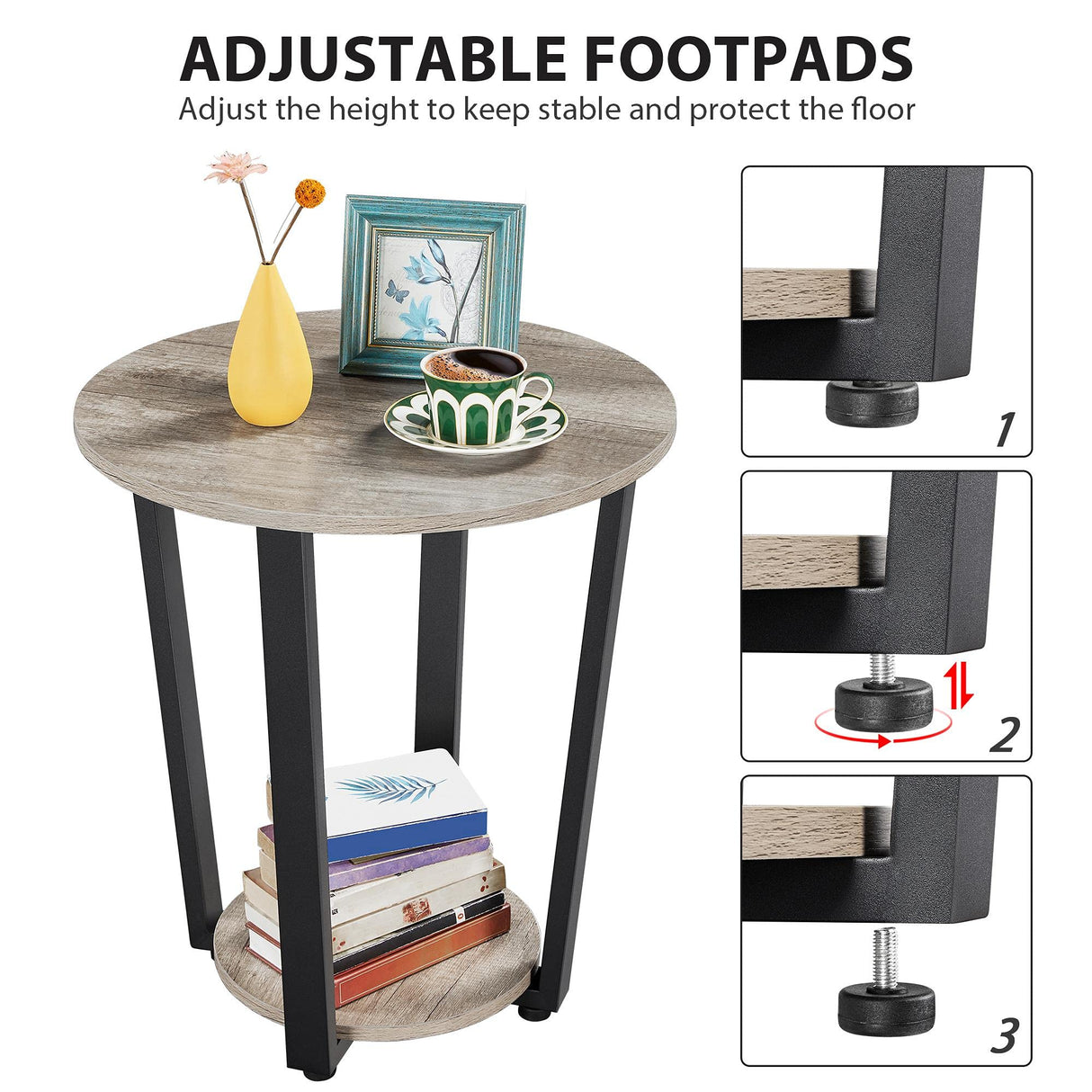 Farmhouse Round End Table with Storage Shelf, 2 Tier Side Table