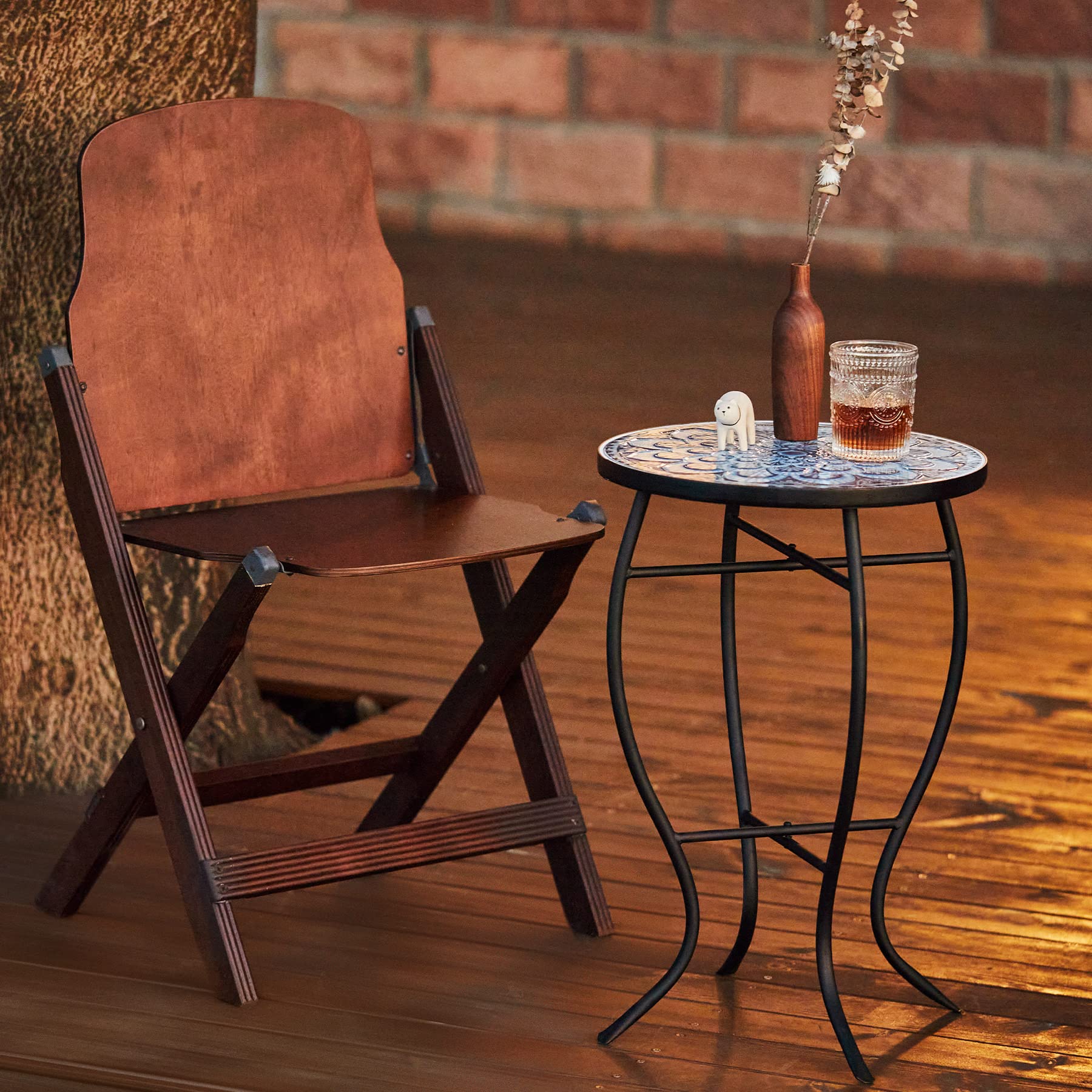 VONLUCE Mosaic Side Table and Plant Stand, 21" Round End Table with 14" Ceramic Tile Top, Indoor & Outdoor Accent Table, Porch Patio Furniture, Entryway & Coffee Table for Home & Garden, Blue Mandala - Bircata