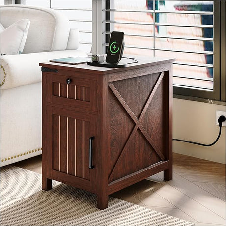 with Charging Station,Industrial/Farmhouse End Table with Drawers & Cabinet,Side Table with Door and Storage Shelf,Side Tables for Living Room,Bedroom,Office (Rustic Cherry)