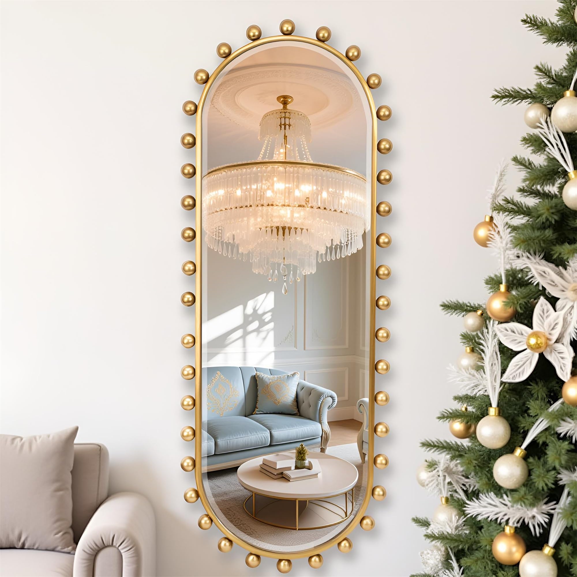 Oval Full-Length Mirror 20x51 - Antique Gold Beaded Beveled Wall Mirror
